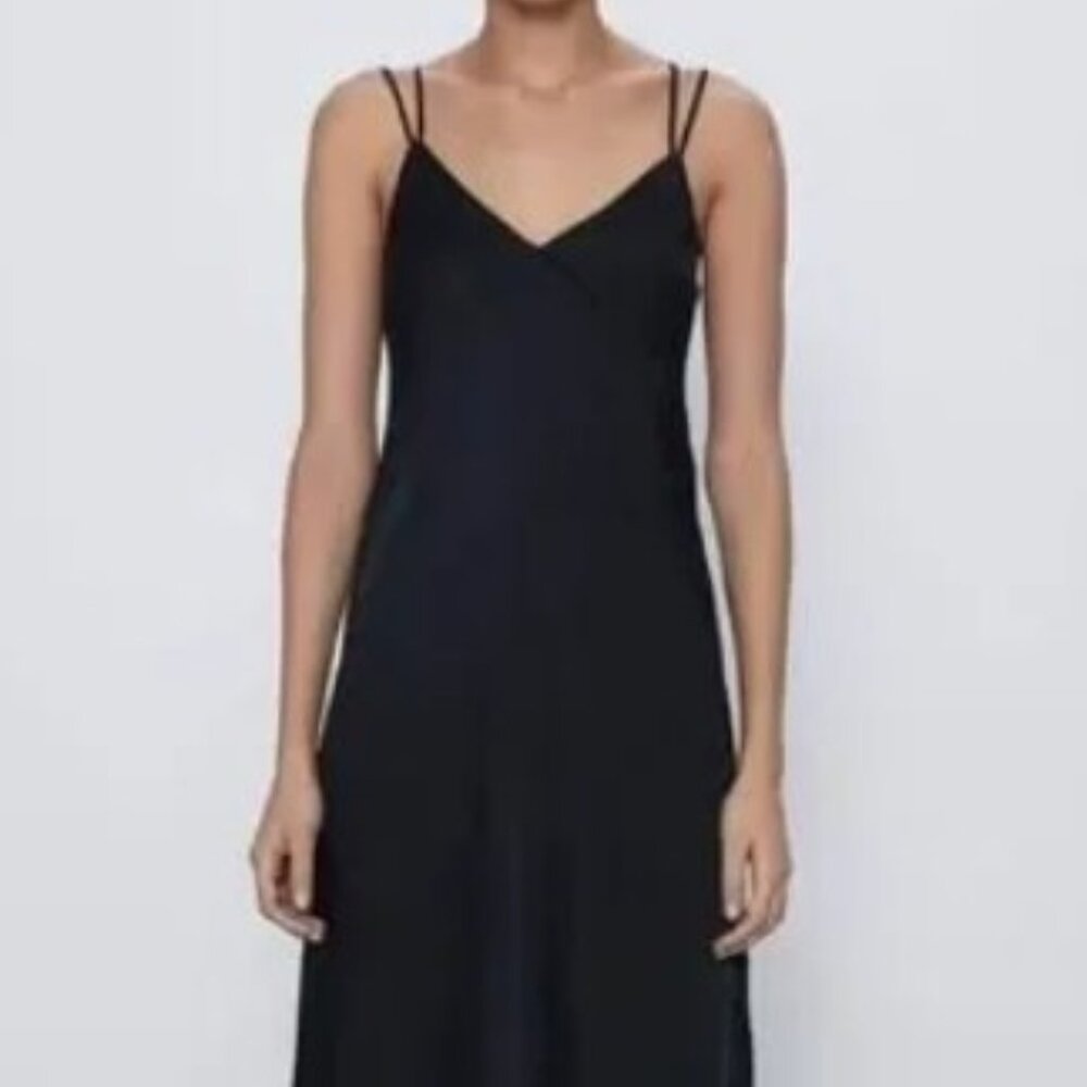 Double-Strap Black Midi Slip Dress